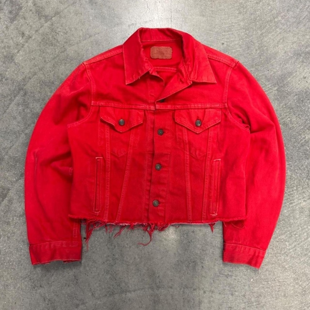 Vintage Levi's Red Denim Trucker Jacket Cropped Frayed Motor Western Unique
